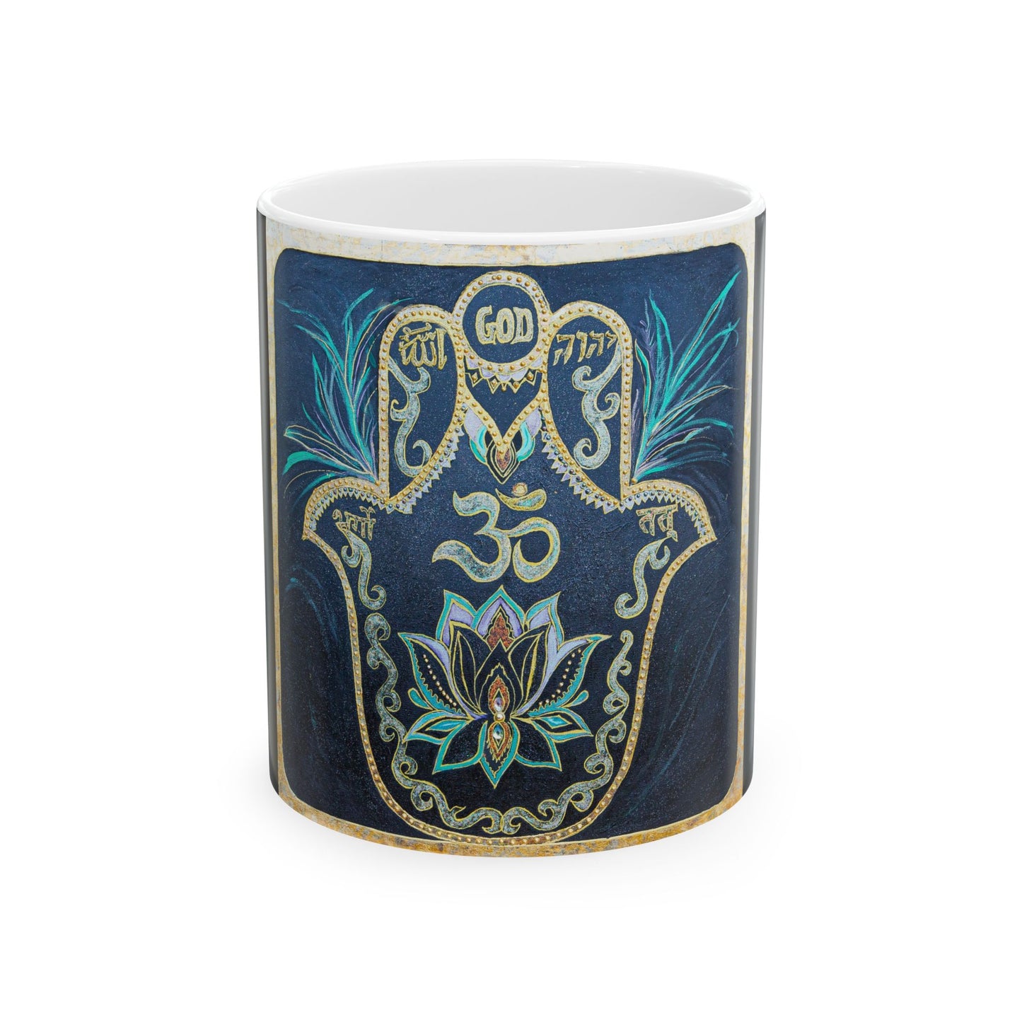 Hamsa Lotus Ceramic Mug — Om & God Spiritual Coffee Cup (11oz/15oz)