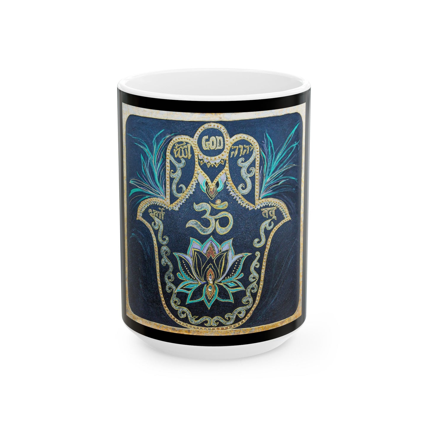 Hamsa Lotus Ceramic Mug — Om & God Spiritual Coffee Cup (11oz/15oz)