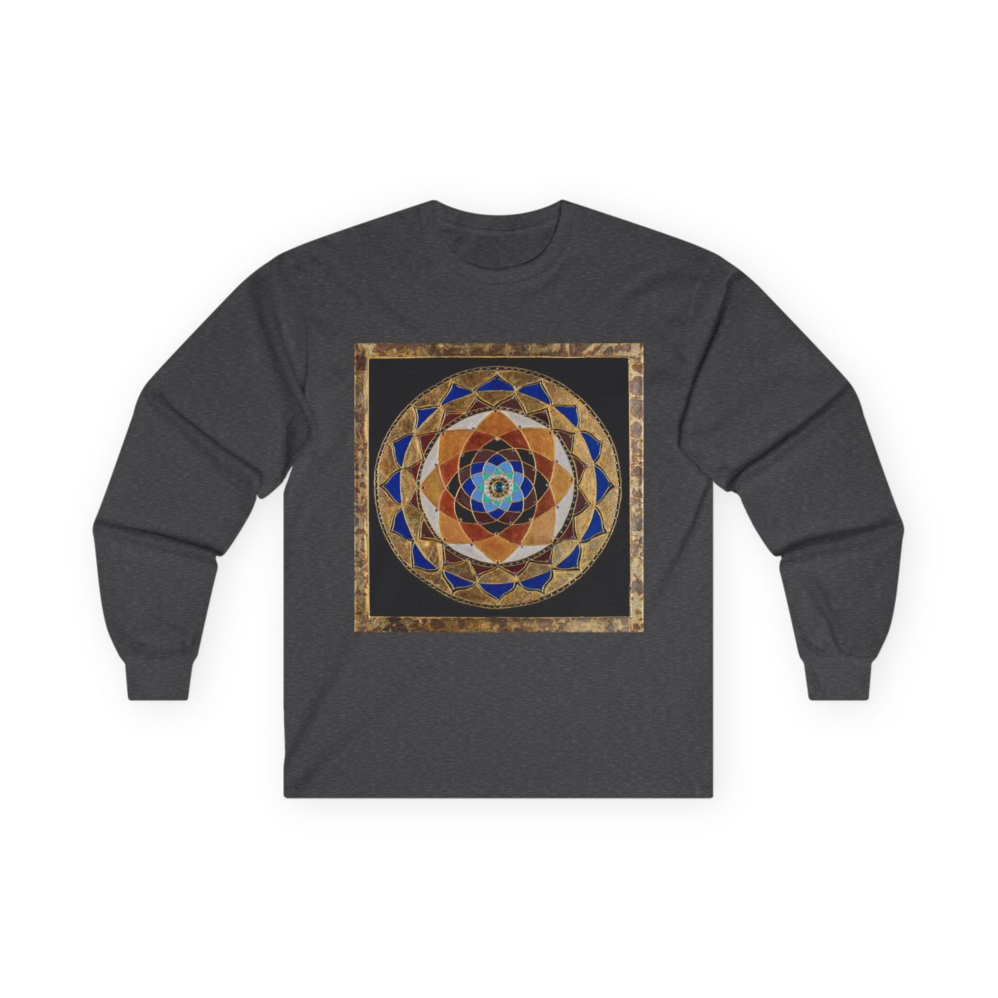 Mandala Geometry Long Sleeve Tee — Sacred Blue & Gold Circular Design
