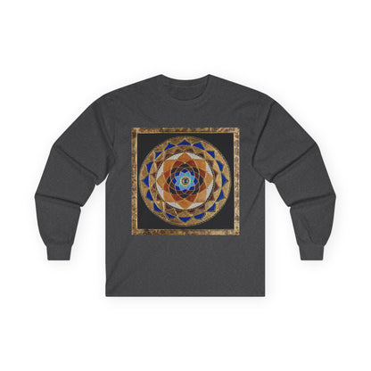 Mandala Geometry Long Sleeve Tee — Sacred Blue & Gold Circular Design