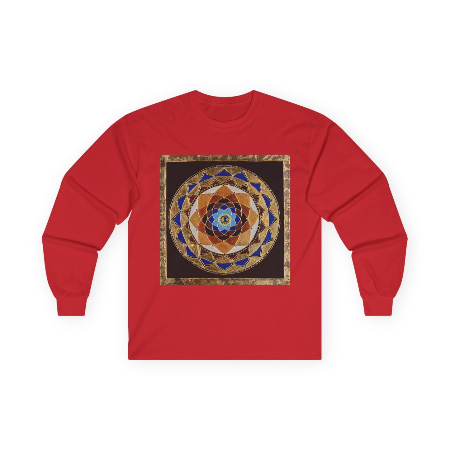 Mandala Geometry Long Sleeve Tee — Sacred Blue & Gold Circular Design