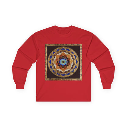 Mandala Geometry Long Sleeve Tee — Sacred Blue & Gold Circular Design