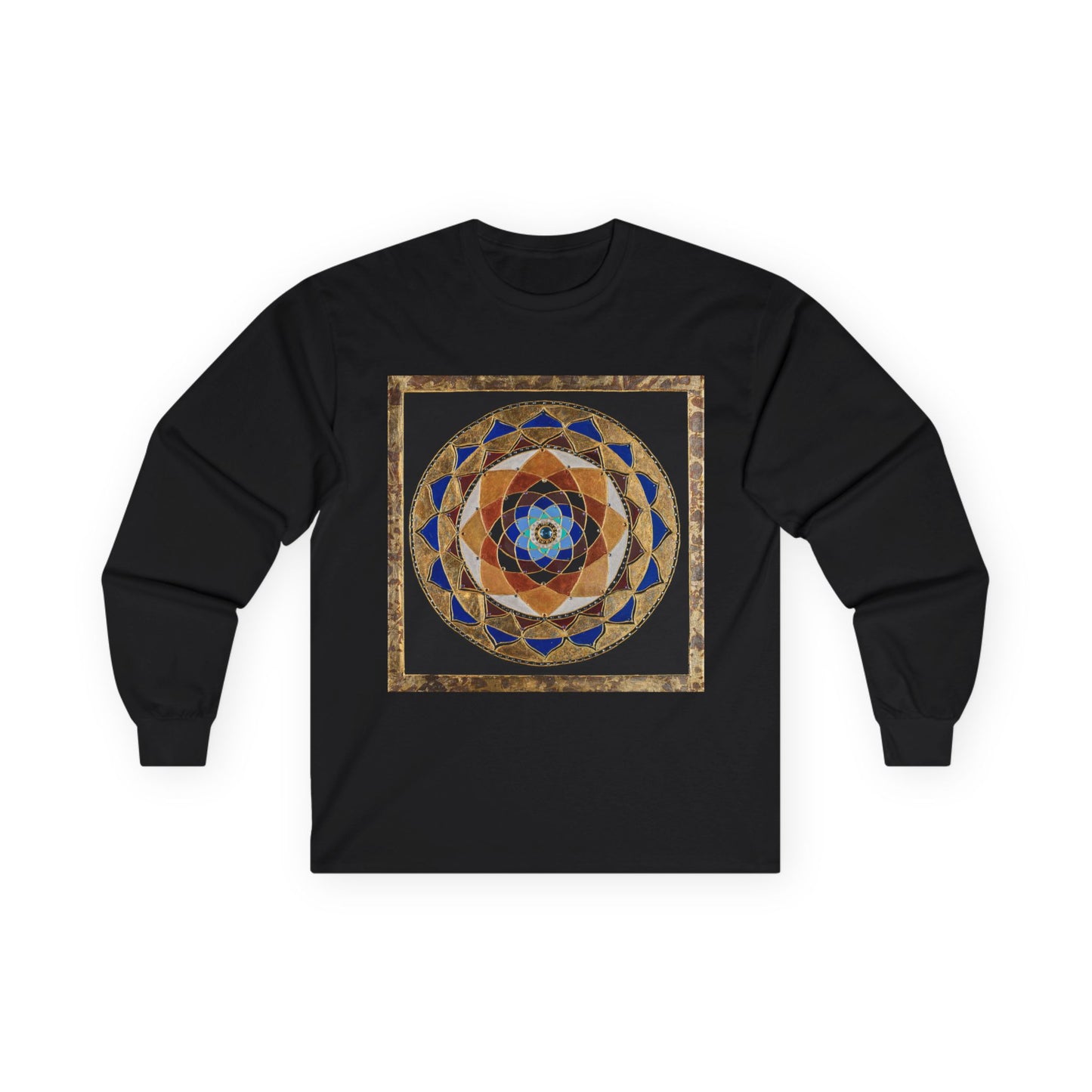 Mandala Geometry Long Sleeve Tee — Sacred Blue & Gold Circular Design