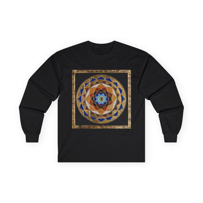 Mandala Geometry Long Sleeve Tee — Sacred Blue & Gold Circular Design