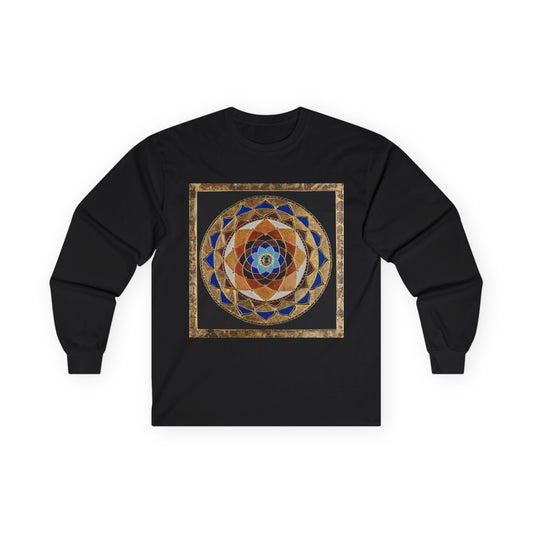 Mandala Geometry Long Sleeve Tee — Sacred Blue & Gold Circular Design