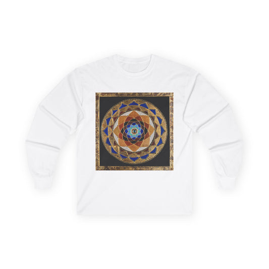Mandala Geometry Long Sleeve Tee — Sacred Blue & Gold Circular Design