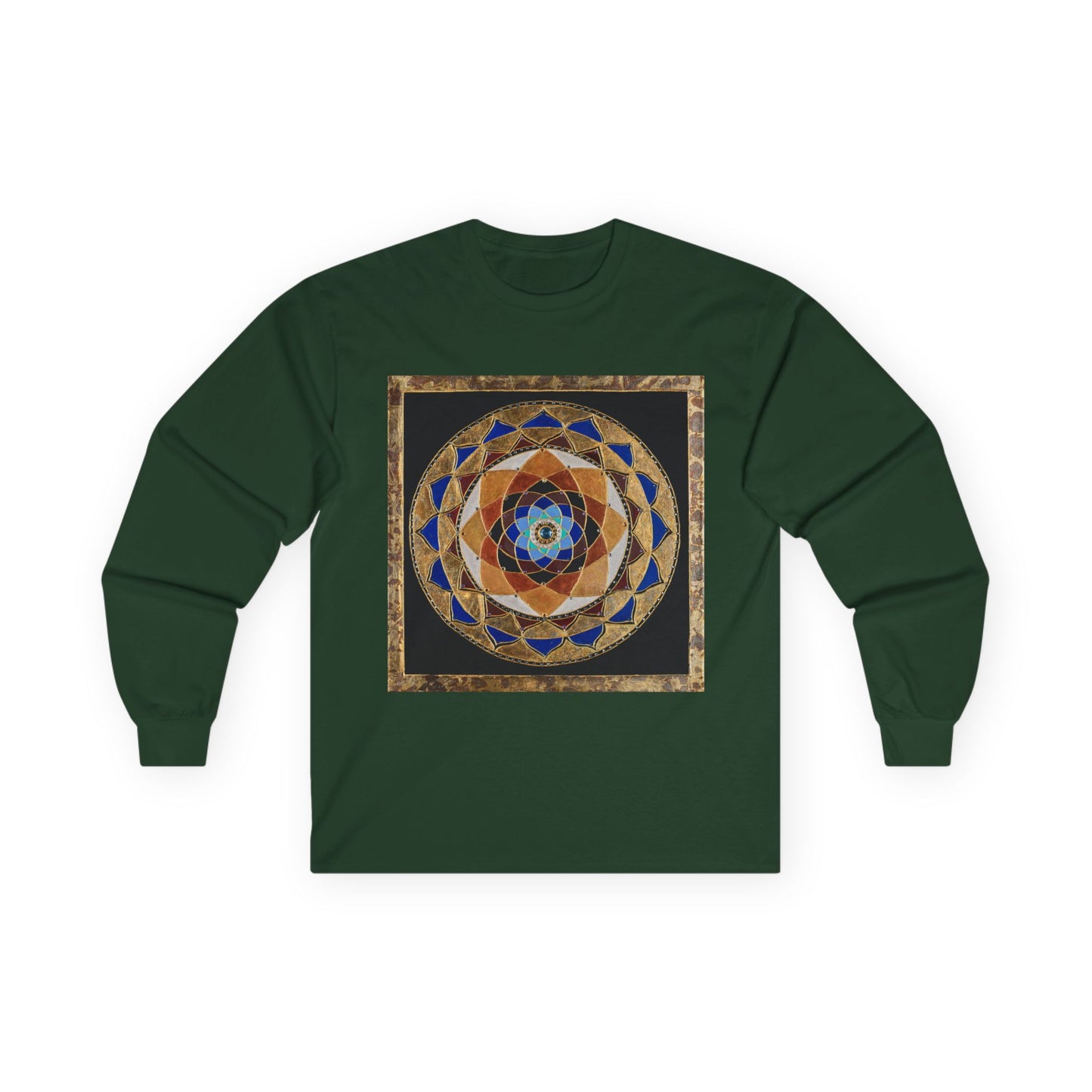 Mandala Geometry Long Sleeve Tee — Sacred Blue & Gold Circular Design