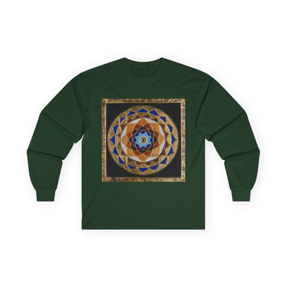 Mandala Geometry Long Sleeve Tee — Sacred Blue & Gold Circular Design