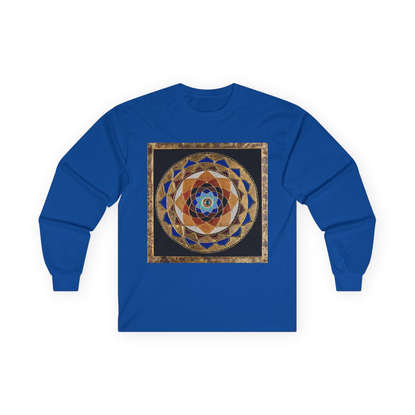 Mandala Geometry Long Sleeve Tee — Sacred Blue & Gold Circular Design