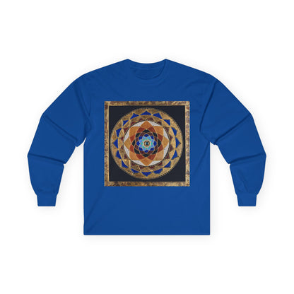 Mandala Geometry Long Sleeve Tee — Sacred Blue & Gold Circular Design