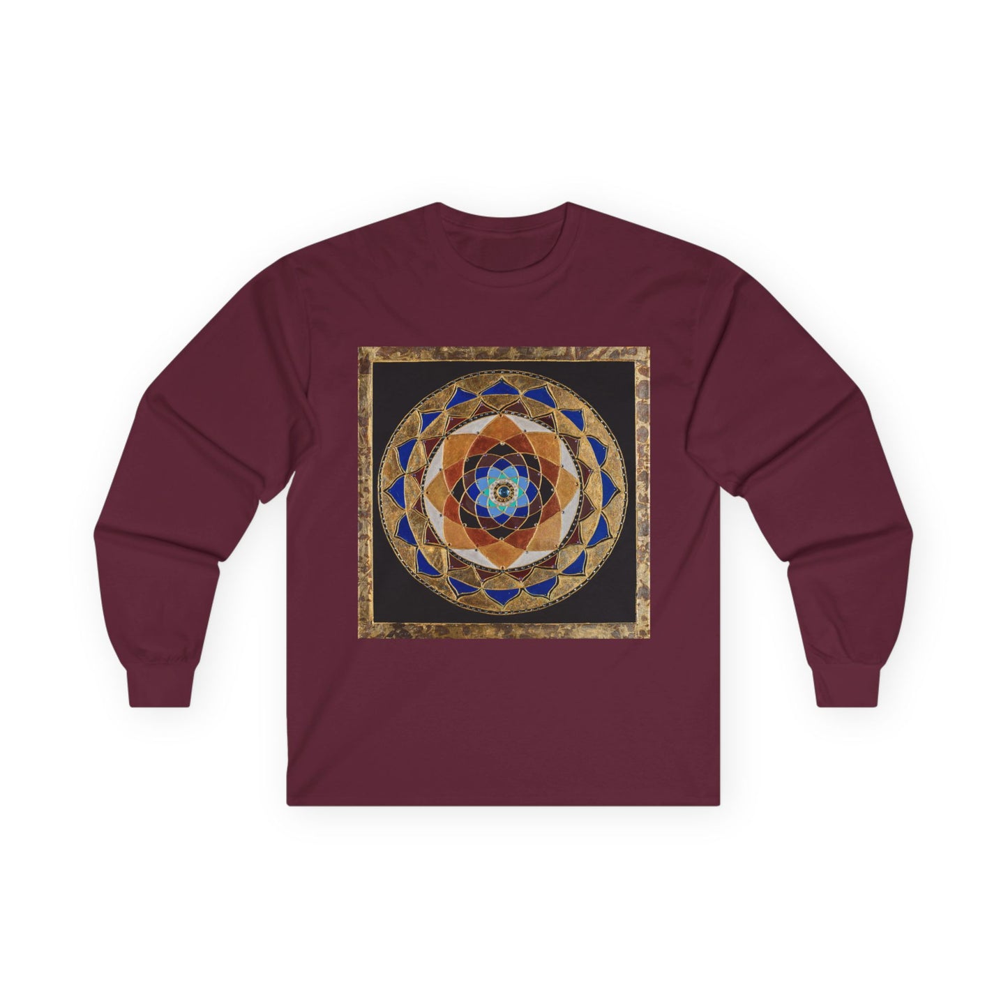 Mandala Geometry Long Sleeve Tee — Sacred Blue & Gold Circular Design
