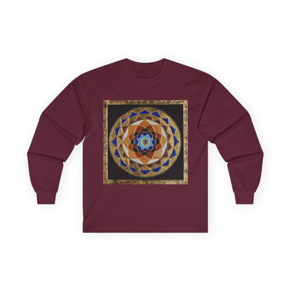 Mandala Geometry Long Sleeve Tee — Sacred Blue & Gold Circular Design