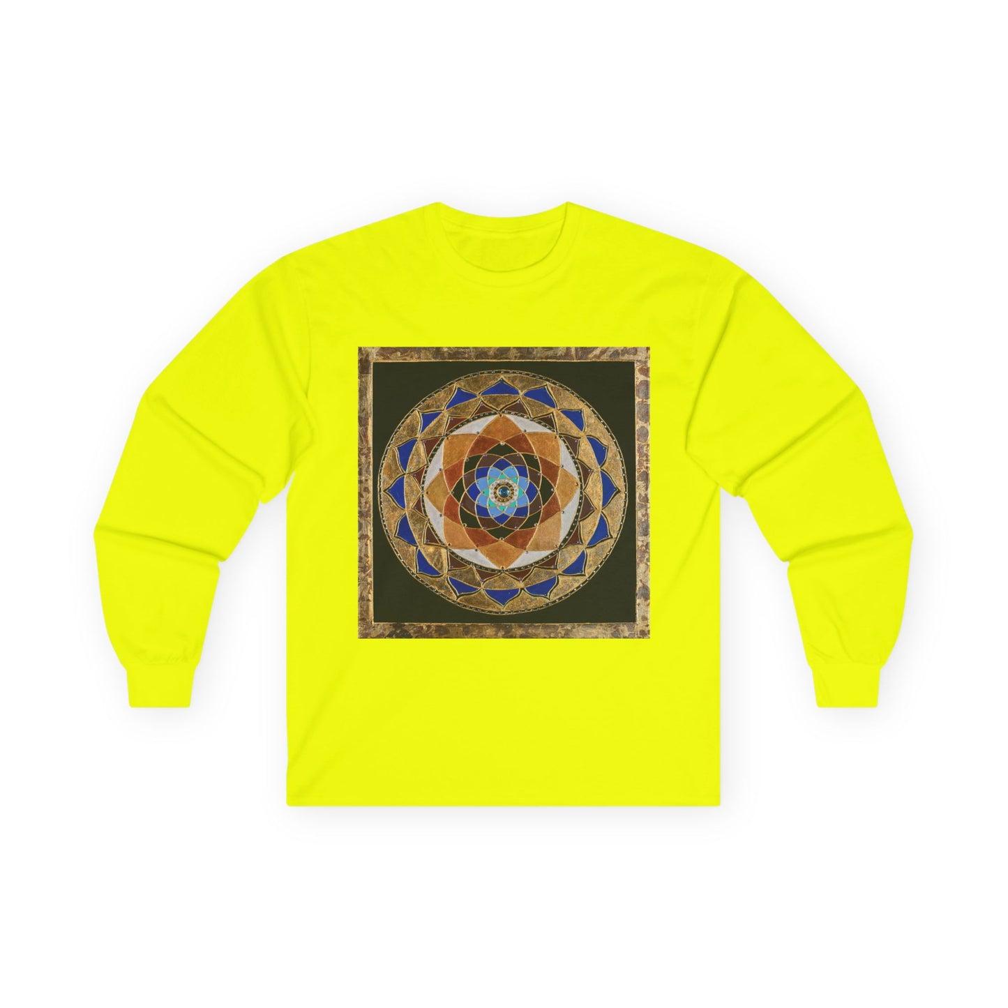 Mandala Geometry Long Sleeve Tee — Sacred Blue & Gold Circular Design