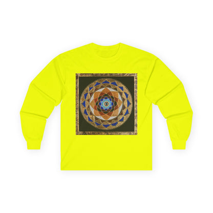 Mandala Geometry Long Sleeve Tee — Sacred Blue & Gold Circular Design