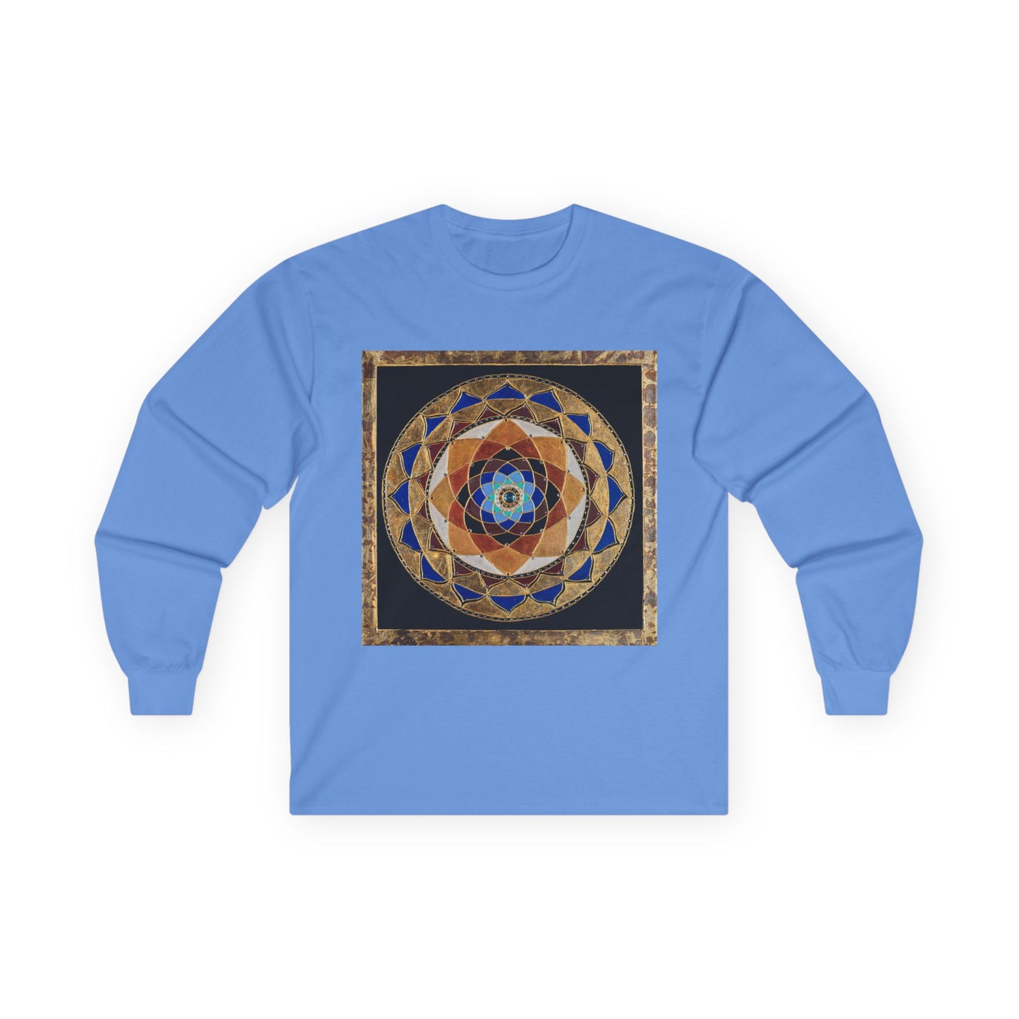 Mandala Geometry Long Sleeve Tee — Sacred Blue & Gold Circular Design