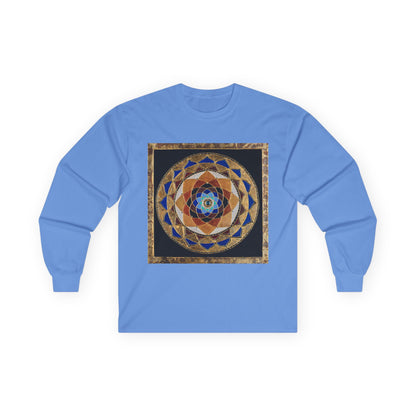 Mandala Geometry Long Sleeve Tee — Sacred Blue & Gold Circular Design