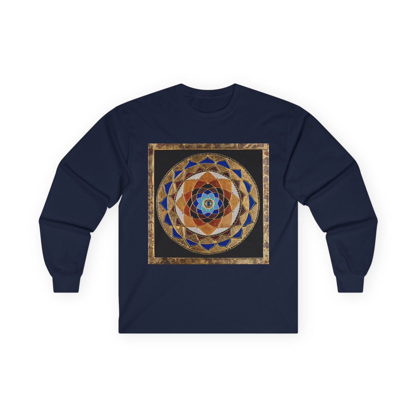 Mandala Geometry Long Sleeve Tee — Sacred Blue & Gold Circular Design