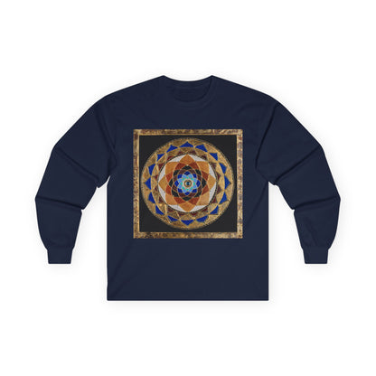 Mandala Geometry Long Sleeve Tee — Sacred Blue & Gold Circular Design
