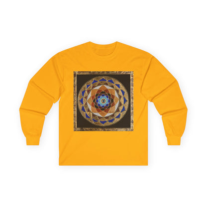 Mandala Geometry Long Sleeve Tee — Sacred Blue & Gold Circular Design