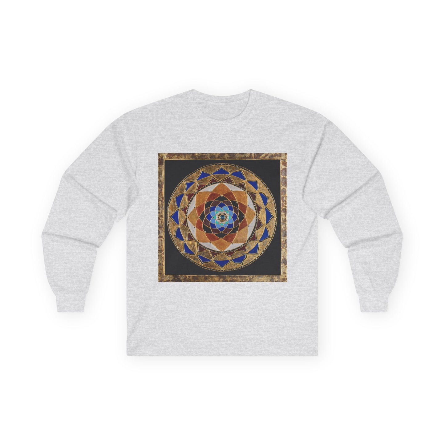 Mandala Geometry Long Sleeve Tee — Sacred Blue & Gold Circular Design
