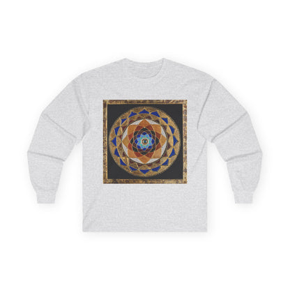 Mandala Geometry Long Sleeve Tee — Sacred Blue & Gold Circular Design