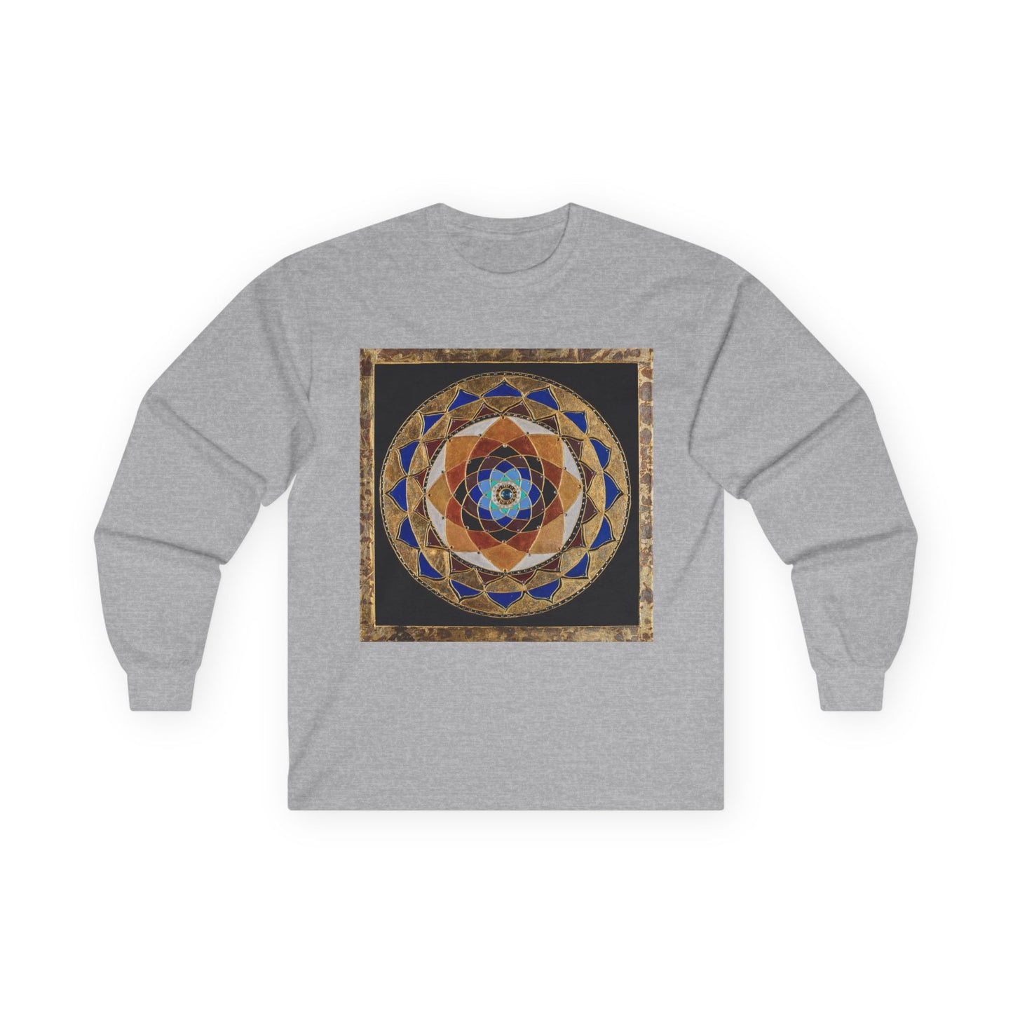 Mandala Geometry Long Sleeve Tee — Sacred Blue & Gold Circular Design