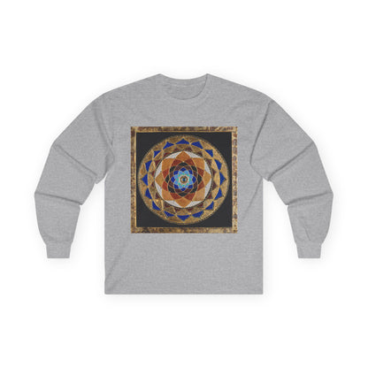 Mandala Geometry Long Sleeve Tee — Sacred Blue & Gold Circular Design