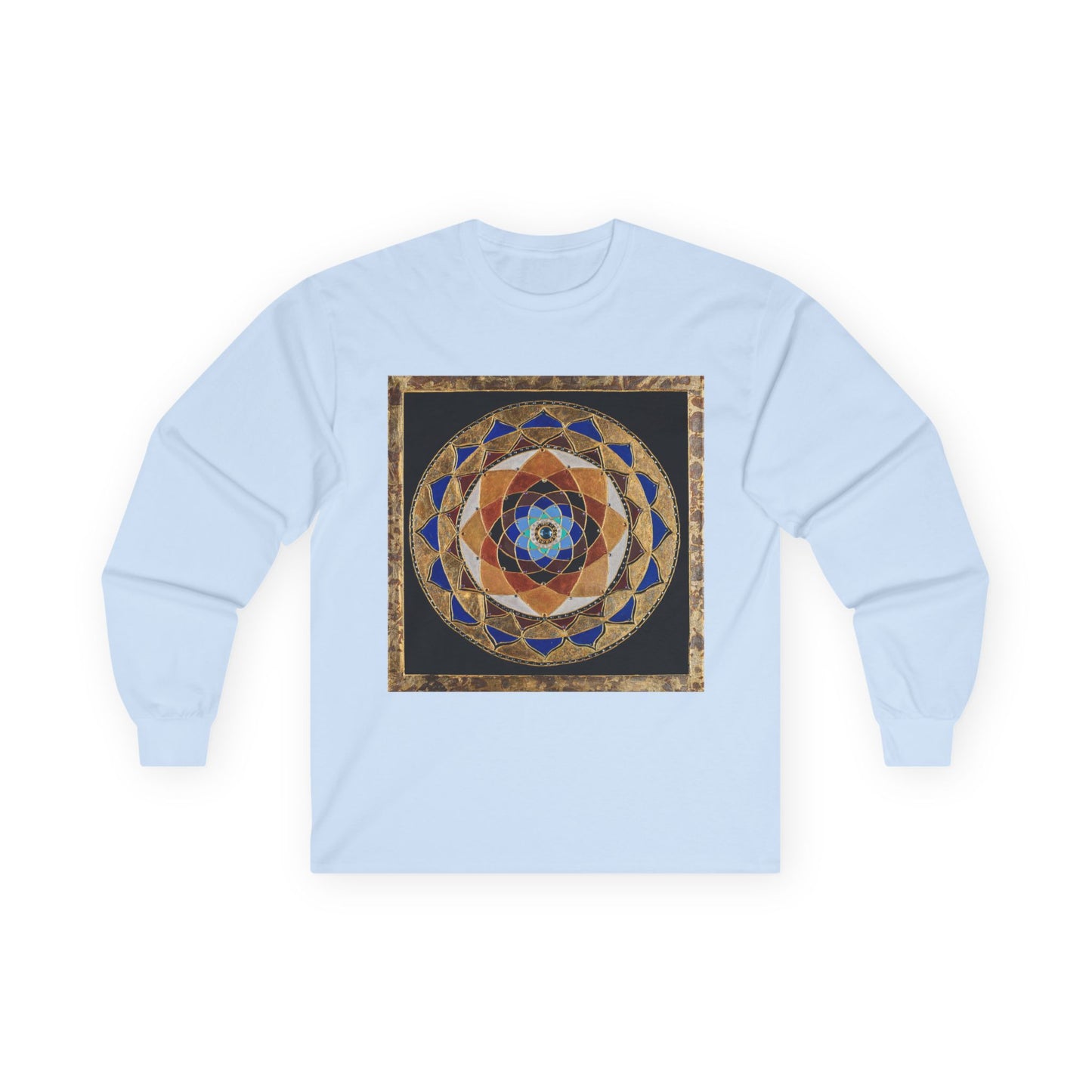 Mandala Geometry Long Sleeve Tee — Sacred Blue & Gold Circular Design