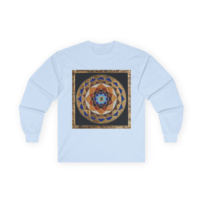 Mandala Geometry Long Sleeve Tee — Sacred Blue & Gold Circular Design