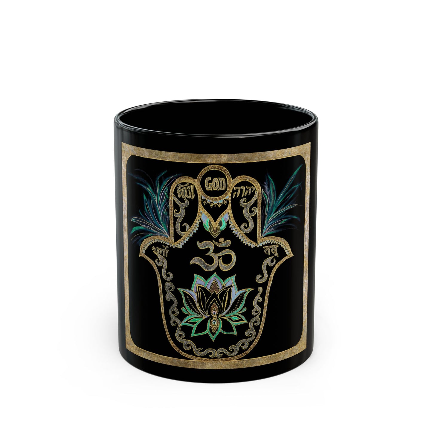 Hamsa Om Lotus Black Ceramic Mug — Spiritual Yoga Meditation Coffee Cup (11oz/15oz)