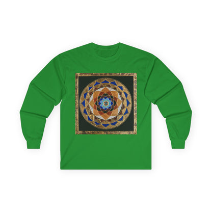Mandala Geometry Long Sleeve Tee — Sacred Blue & Gold Circular Design