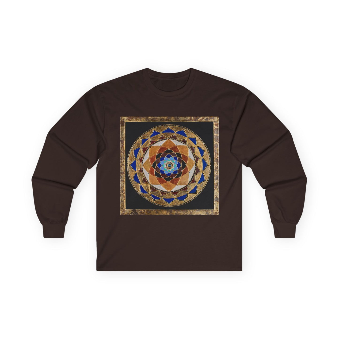 Mandala Geometry Long Sleeve Tee — Sacred Blue & Gold Circular Design