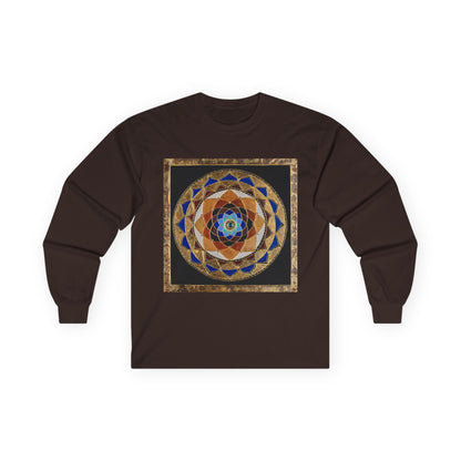 Mandala Geometry Long Sleeve Tee — Sacred Blue & Gold Circular Design